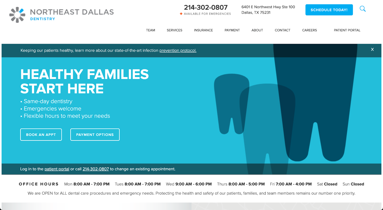 The color palette for the Northeast Dallas Dentistry caught our eye when compiling our list of the best dental website designs